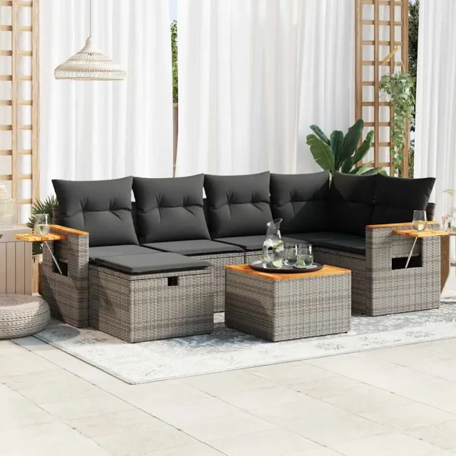 vidaXL 7-delige Loungeset met kussens poly rattan grijs, foto 2