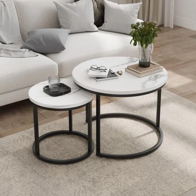 Sweiko Nesting Salontafel - Set van 2 - Rond metalen frame - Marmerlook - Wit