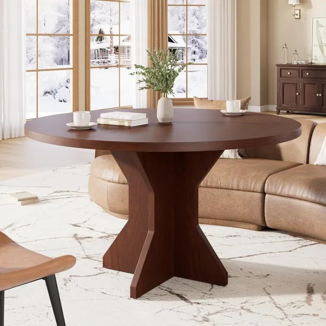 Triumpunpre Eettafel Rond 120cm Voor 4-6 personen - 120x120x75cm - Ruimtebesparende eettafel - K-vormig onderstel - Bevestigingsmiddelen - Voor Eetkamer en Woonkamer - Walnootkleur