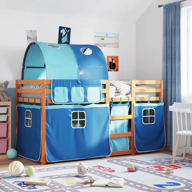 vidaXL Stapelbed met gordijnen 90x200 cm massief grenenhout blauw