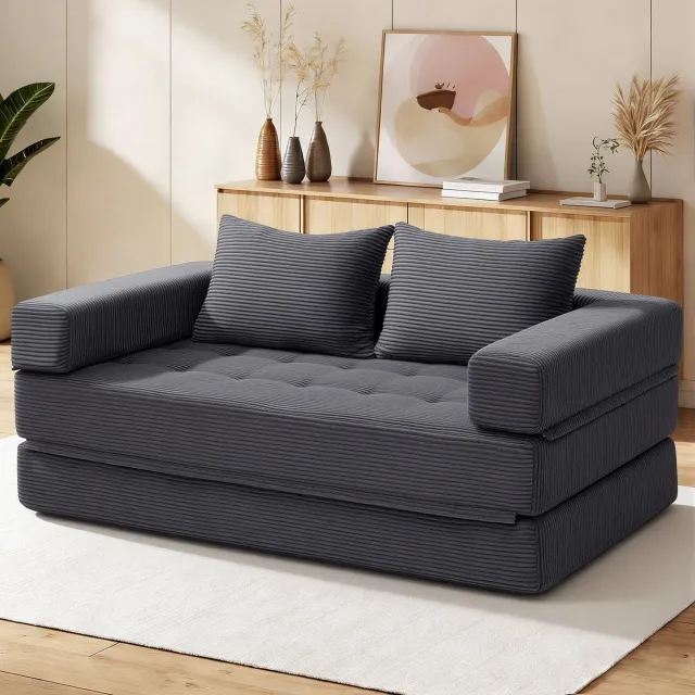 Hommpa 5-in-1 Slaapbank 2-zits – Opvouwbare Vloerbank & Logeerbed – Corduroy – Grijs – Queen 148 x 180 cm