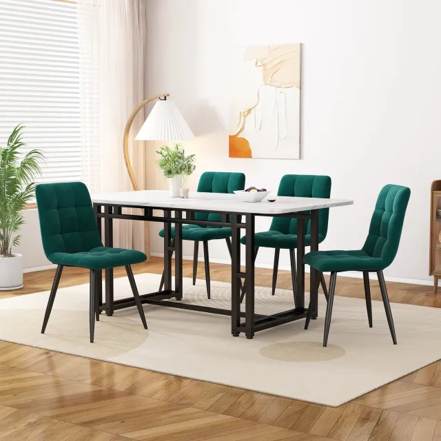 intebiki eetkamerset set van 5 - 120x70cm eettafel met 4 stoelen - Wit MDF - zwarte metalen poten - 44x41x86cm Donkergroen fluwelen eetkamerstoel