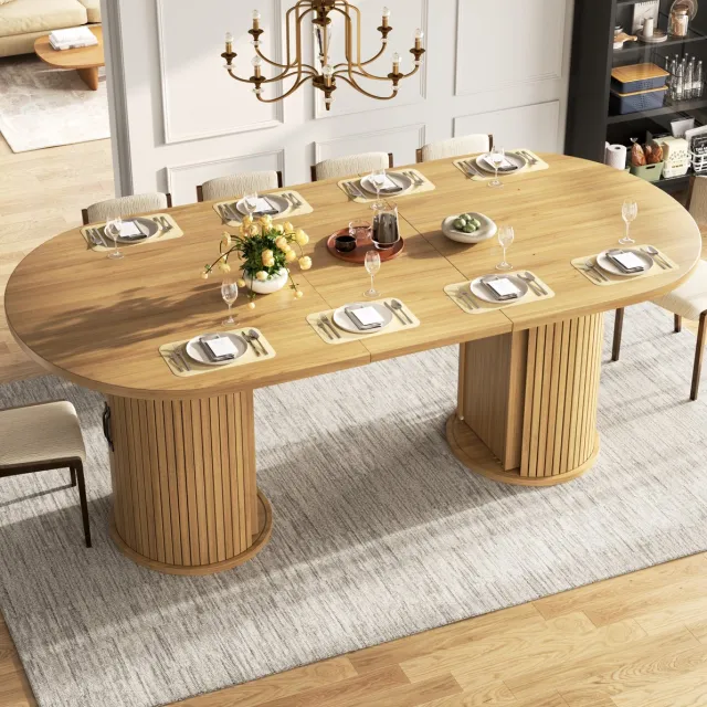 MEUNIQ uitschuifbare eettafel 149,8-189,7 x 80 x 75 cm met verborgen opbergruimte, metalen grepen en metalen binnenframe, naturel, voor eetkamer of keuken Natural