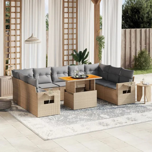 vidaXL 10-delige Loungeset met kussens poly rattan beige, foto 2