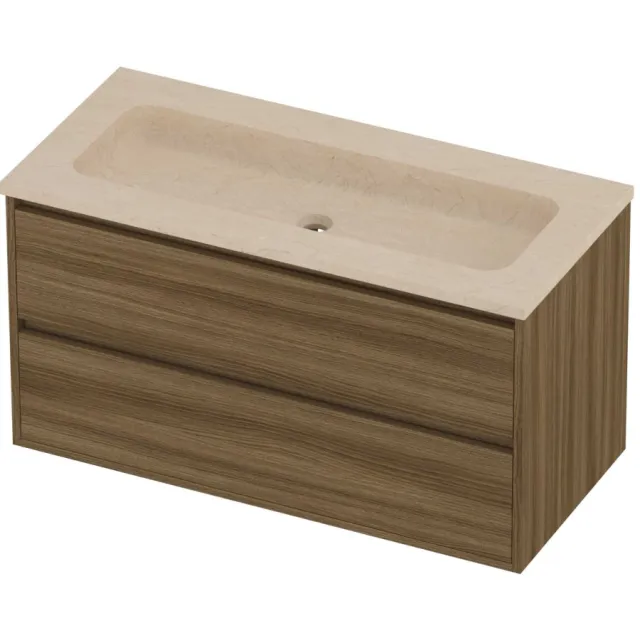 Proline Rollo Badmeubelset Hardsteen Elegant Zonder Gat 100x46x54 cm Sand Stone Caramel Walnut Houtlook