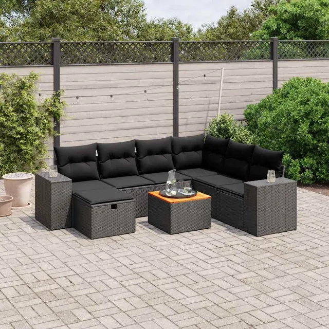 vidaXL 8-delige Loungeset met kussens poly rattan zwart, foto 2