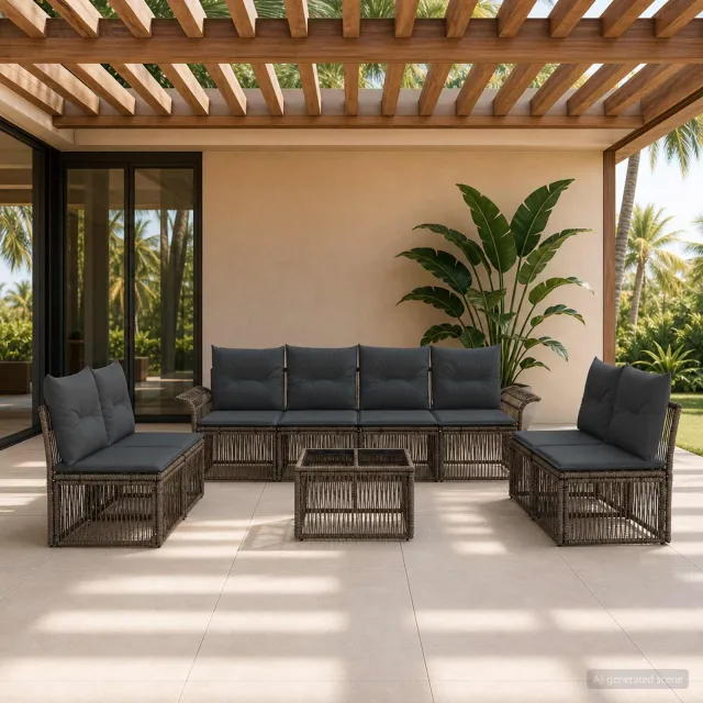 vidaXL Tuinbankenset 9 st 8-zits Grijs poly rattan, foto 2