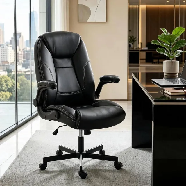 STILVORA Bureaustoel 69,5 X 77 X 106 Tot 116 Cm - Ergonomisch Met Opklapbare Armleuningen En Kantelfunctie - Voor Kantoor En Studie - Kunstleer - Zwart