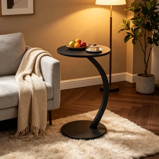 DESMIU Bijzettafel - C Vorm Ronde Salontafel Met Modern Industrieel Design - Voor Woonkamer En Slaapkamer - MDF En Metaal - Zwart - 40 Cm