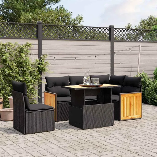 vidaXL 6-delige Loungeset met kussens poly rattan zwart, foto 2