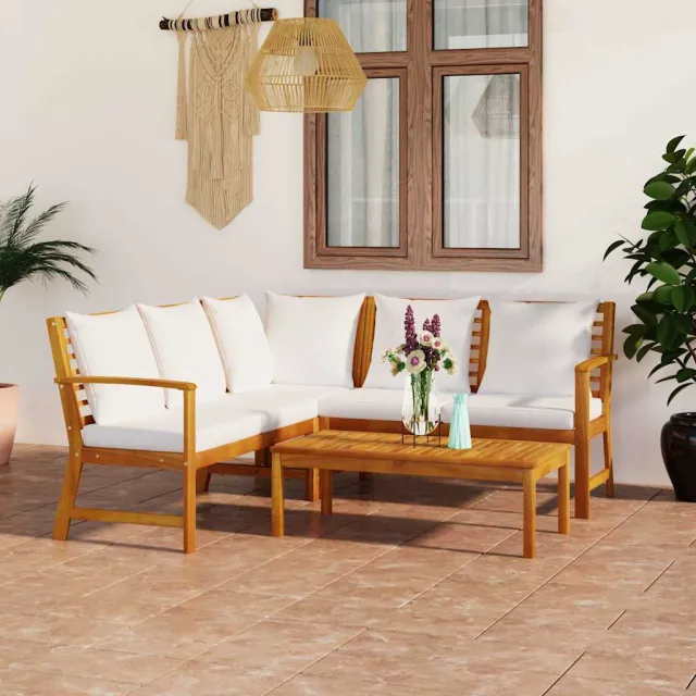 vidaXL 4-delige Loungeset met kussens massief acaciahout crème, foto 2