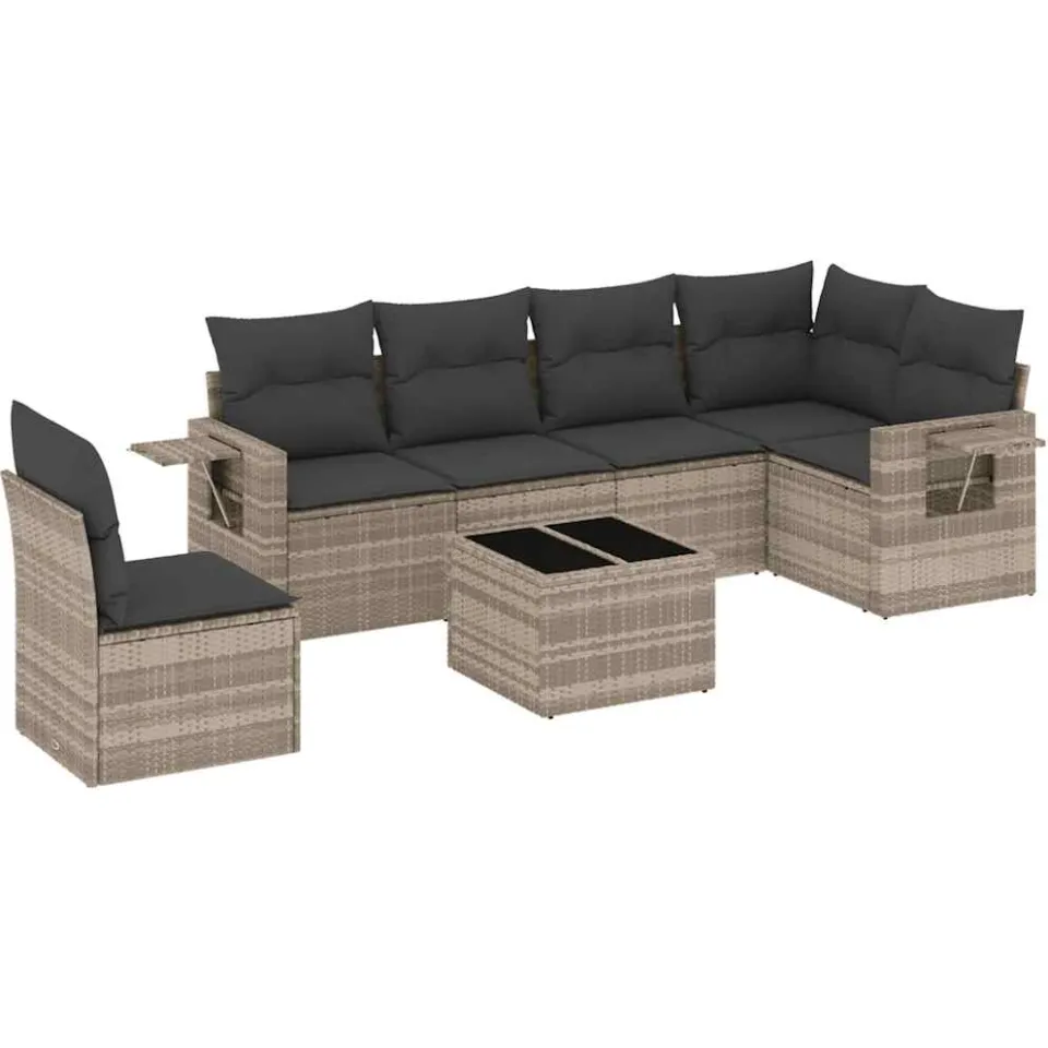 vidaXL 7-delige Loungeset met kussens poly rattan lichtgrijs grijs