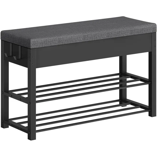 Klarven Opbergbank Zwart met donkergrijs - Schoenenrek - Opbergbak met Deksel - Opbergbankje met Deksel - Opbergruimte Bench - Metalen frame, Zitting met opbergruimte - Draagvermogen 136 kg - B80xd30xh50cm Wit/lichtgrijs