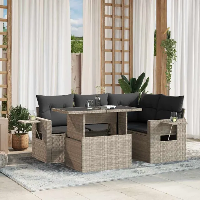 vidaXL 5-delige Loungeset met kussens poly rattan lichtgrijs grijs, foto 2