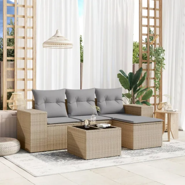 vidaXL 5-delige Loungeset met kussens poly rattan beige, foto 2