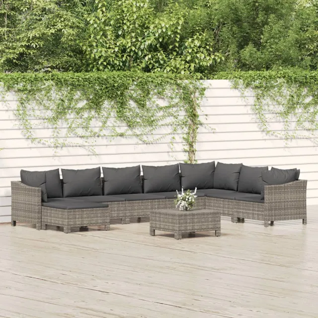 vidaXL 9-delige Loungeset met kussens poly rattan grijs, foto 2