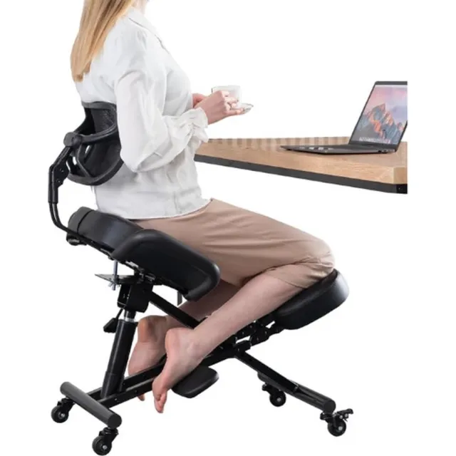 Thuys Luxe Kniestoel – Ergonomisch – Met Rugleuning – Balansstoel – Werkkruk – Ergonomische Bureaustoel – Met Wielen – Extra Stevig – Zwart