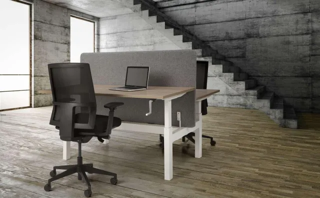 ABC Kantoormeubelen Duo bench slinger verstelbaar zit/zit bureau Teez breed 120CM diep 80CM bladkleur Antraciet eiken framekleur Aluminium (RAL9006) Aluminium (RAL9006)/Antraciet eiken