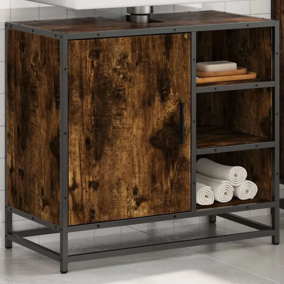 vidaXL Wastafelkast 65x33x60 cm bewerkt hout gerookt eikenkleurig, foto 4