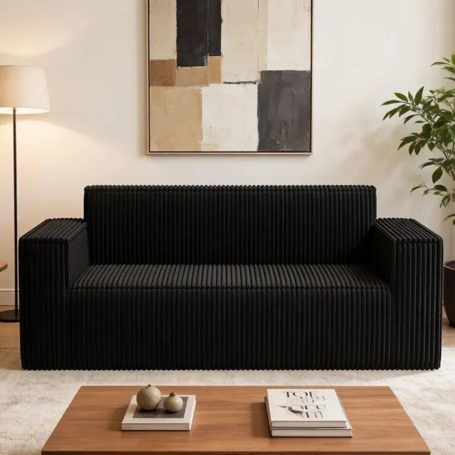 KOMHTOM Moderne bank in corduroy, comfortabele 2-zitsbank met diepe zitting, bank voor woonkamer/appartement/kantoor/huis, zonder poten/zonder montage/gemakkelijk te vervoeren (zwart)