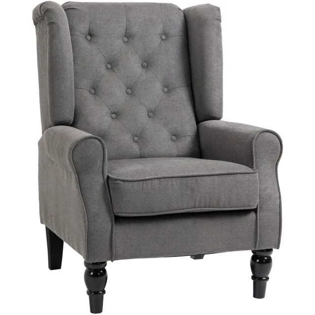 Merax Oorfauteuil Donkergrijs – Relaxstoel met Hoge Rugleuning en Knoopdetails – Comfortabele Fauteuil met Houten Poten – 74x86x102 cm – Voor Woonkamer en Slaapkamer