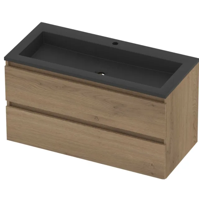 Basic-Line Aura 46 Badmeubelset Acryl 1 Kraangat Greeploos 100x46x54 cm Pure Oak Mat Zwart