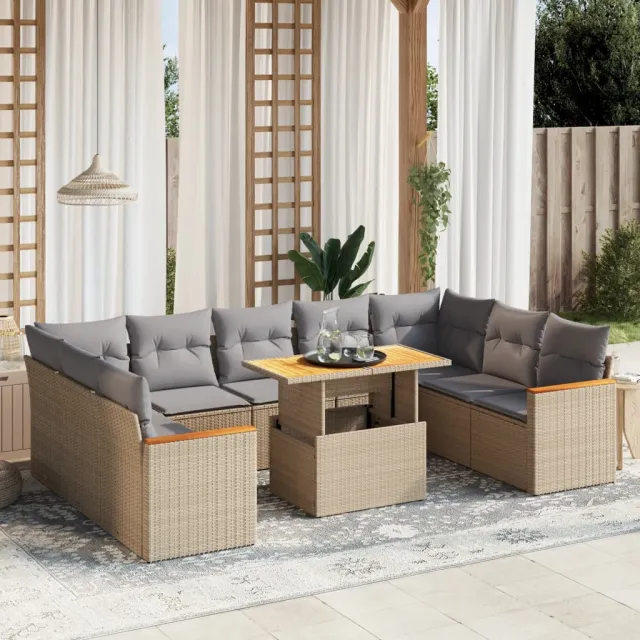 vidaXL 10-delige Loungeset met kussens poly rattan beige, foto 2
