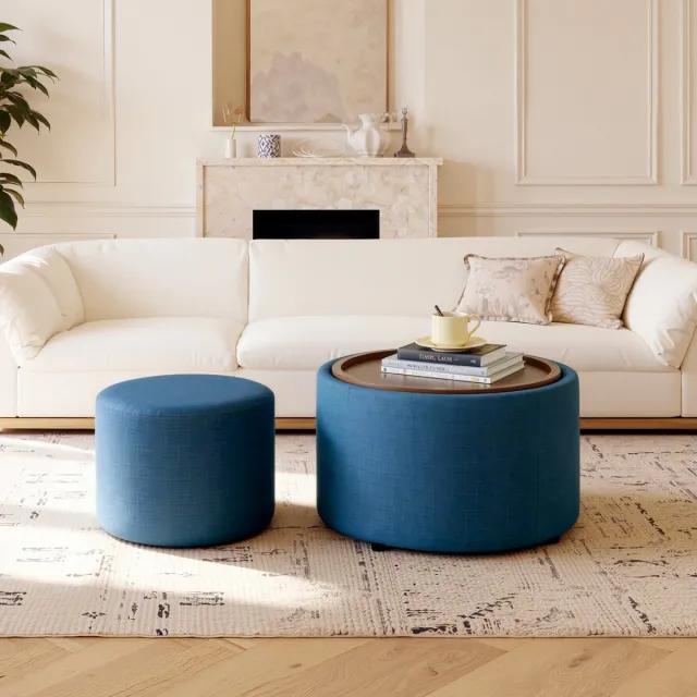 Sweiko Salontafel - Kruk - Set van 2 - Met opbergruimte - Linnen - Blauw