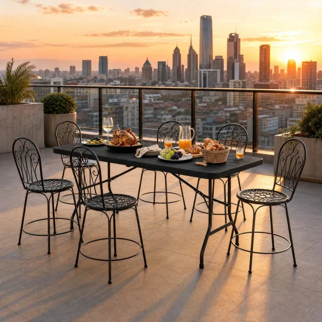 MEUNIQ Opklapbare balkontafel 180 x 74 x 70 cm – rechthoekige HDPE buitentafel met metalen frame voor 8 personen, tuin, balkon en terras, zwart