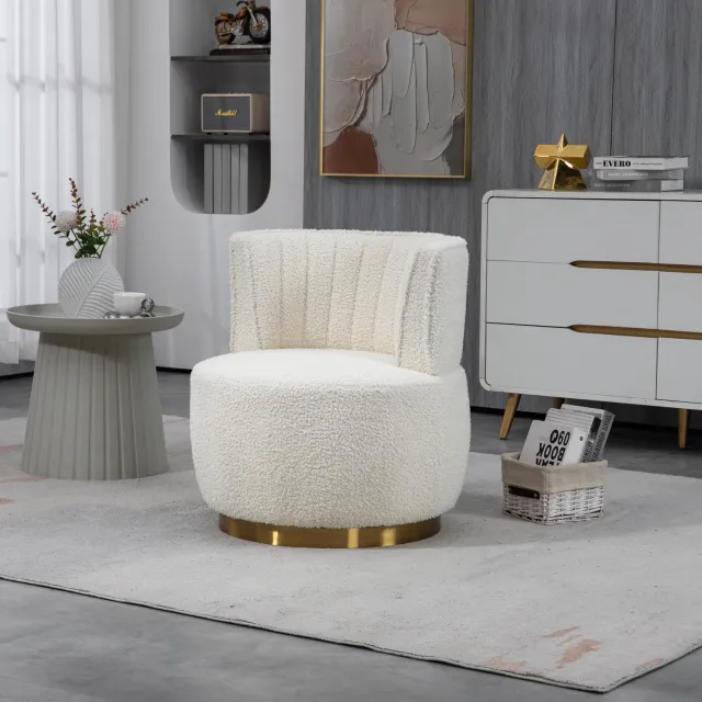 MEUNIQ draaibare gestoffeerde stoel 360° - witte teddystof, ronde voet en omhullende rugleuning - 62,5 x 62 x 69,5 cm - voor woon- of werkkamer