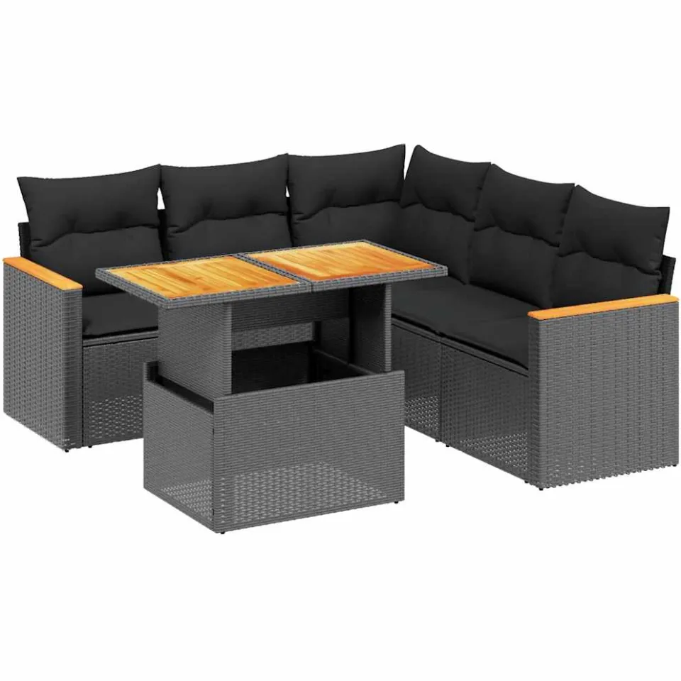 vidaXL 6-delige Loungeset met kussens poly rattan zwart, foto 3