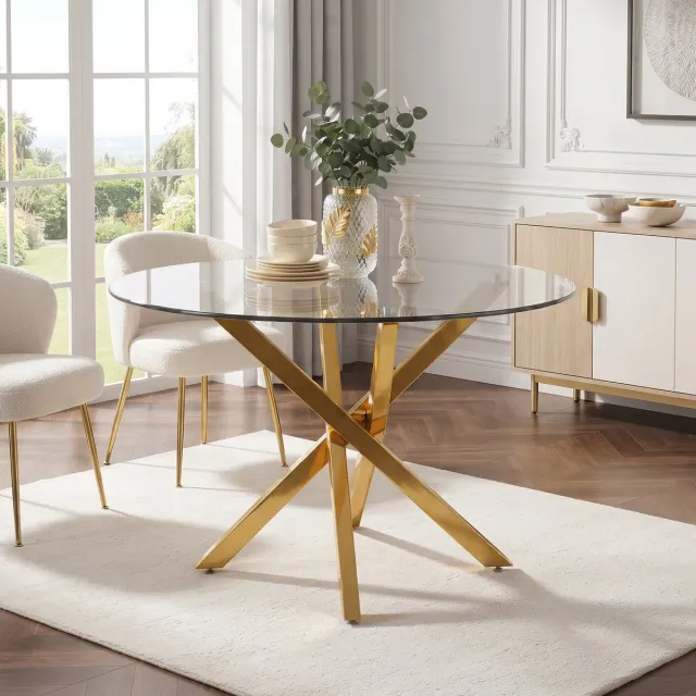 Zubaliya Ronde Eettafel 80 cm - Glazen Tafel Met Vergulde Poten - Modern Minimalistisch Goud