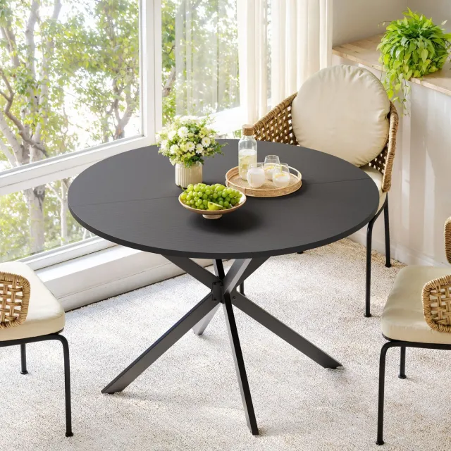 MEUNIQ Ronde eettafel Ø 120 cm met mat zwart blad en X-poot van metaal, voor 4-6 personen, keuken, eetkamer of thuiskantoor, zwart