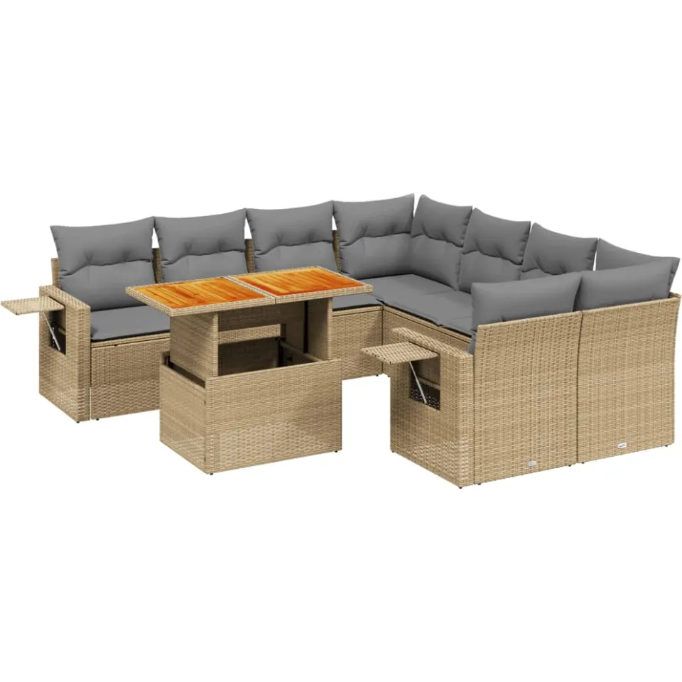 vidaXL 9-delige Loungeset met kussens poly rattan beige, foto 3