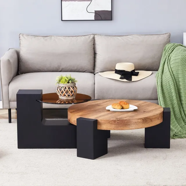 COVREO Salontafel set rond 61 x 30 cm en 44 x 44 cm - 2-delig, glas, MDF, zwart houtlook