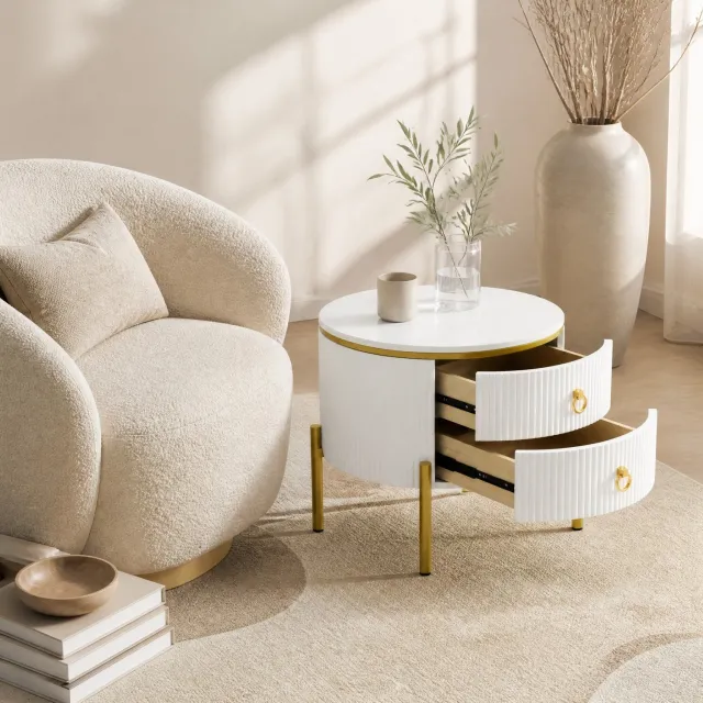 CHICFURN Bijzettafel - 2 lades - Verstelbare poten - Rond - Wit en goud