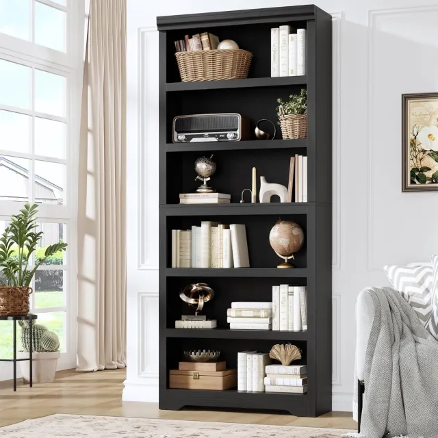 HOERFURIY Hoge Boekenkast met 6 Planken - Zwarte Open Vakkenkast met Verstelbare Planken - Opbergkast voor Woonkamer, Kantoor & Slaapkamer - 190 cm Hoog