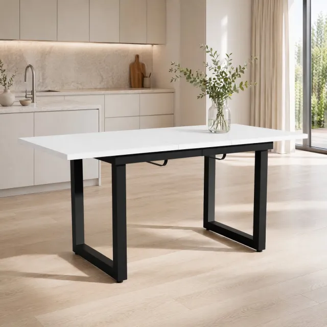 Wishdor Eettafel - Uitschuifbaar en rechthoekig - Stalen frame - Industrieel - Eetkamer voor dagelijks dineren en etentjes - MDF en metaal - Wit en zwart - 140/180 x 80 x 75 cm