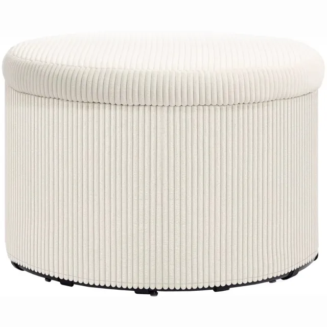 JOYNEXTBUY Opbergpoef Rond - Fluwelen Poef met Opbergruimte - Geribbelde Voetenbank voor Woonkamer, Slaapkamer en Hal - Beige