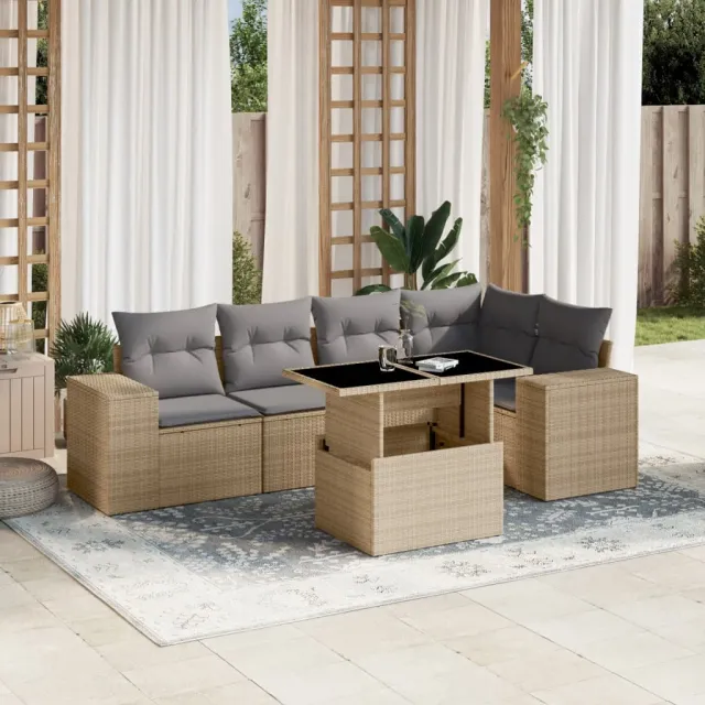 vidaXL 6-delige Loungeset met kussens poly rattan beige, foto 2