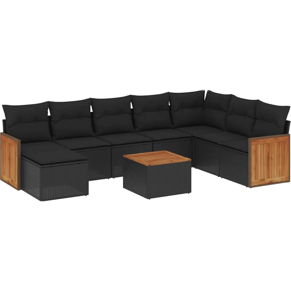 vidaXL 9-delige Loungeset met kussens poly rattan zwart, foto 3
