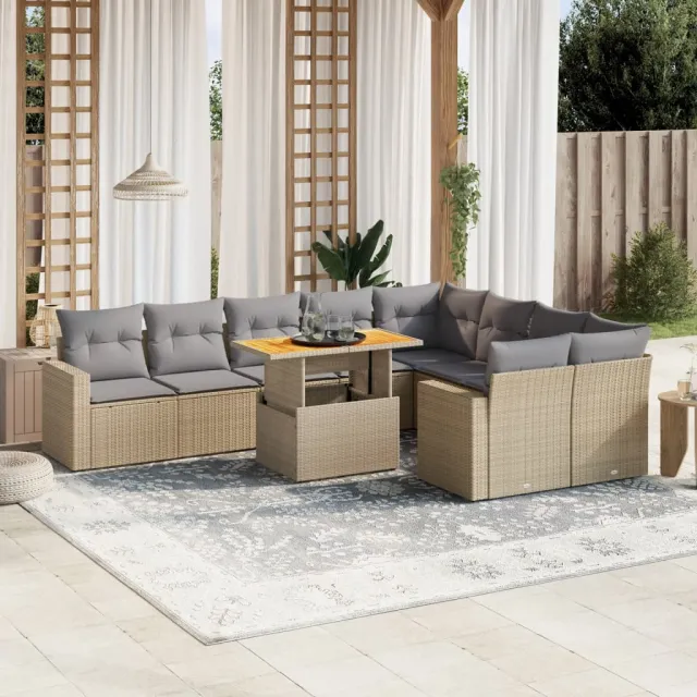 vidaXL 10-delige Loungeset met kussens poly rattan beige, foto 2