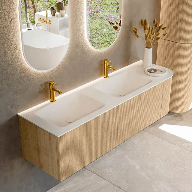 Mondiaz KURVE 155 cm Onderkast Greeploos 2 Lades Met Deuren Oak, Wastafel Solid Surface Links Talc 2 Kraangaten Zonder Spiegel (KRVCLO155R2L1D2KD-Oak/Tal)