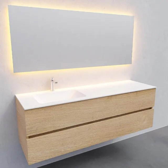 Boss & Wessing Badkamermeubel Solid Surface AQS Oslo 150x46 cm Links Wood Washed Oak Boss & Wessing Houtlook