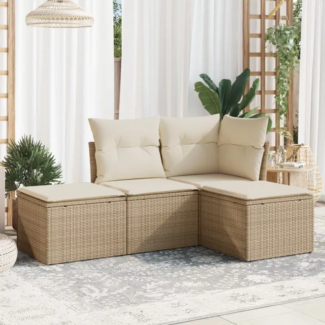 vidaXL 4-delige Loungeset met kussens poly rattan beige, foto 2
