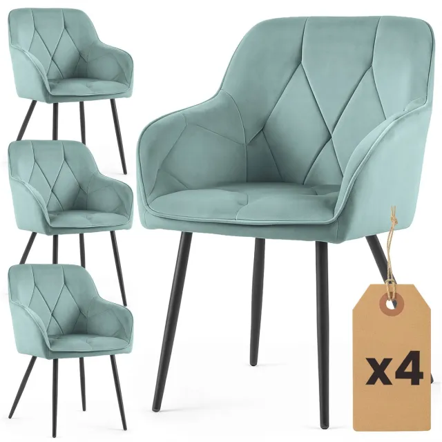 Akord Set van 4 Eetkamerstoelen DIAMANTE met Armleuningen / Gestoffeerde Stoelen / Fluwelen Stoelen en Metalen Poten / Turkooizen kleur met zwarte benen