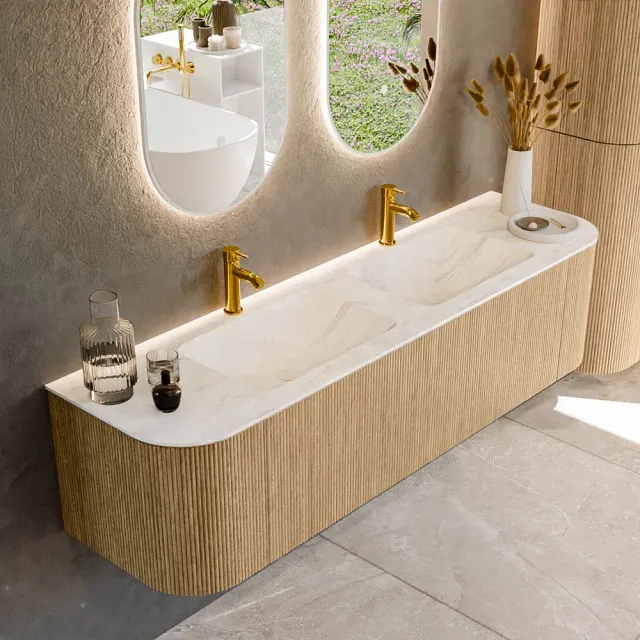 Mondiaz KURVE-DLUX 170 cm Onderkast Greeploos 1 Lade Met Deuren Oak, Wastafel Solid Surface Dubbel Ostra 2 Kraangaten Zonder Spiegel (KRVLEA170L+R1L2D2KD-Oak/Ost)