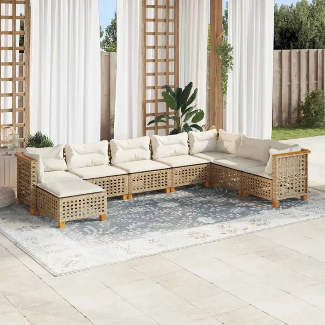 vidaXL 8-delige Loungeset met kussens poly rattan beige, foto 2