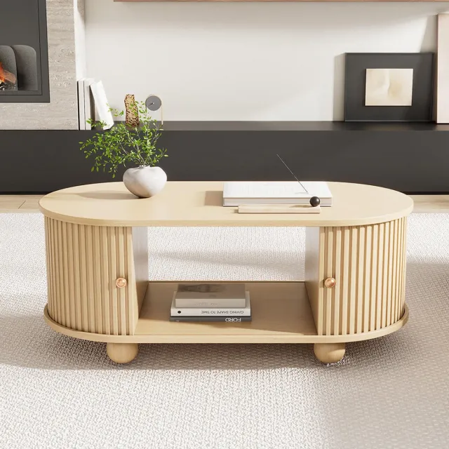 KOMHTOM BLACKCOLORS Ovaal salontafel met opbergruimte en schuifdeuren, multifunctioneel meubel dat weinig ruimte inneemt, houtkleur