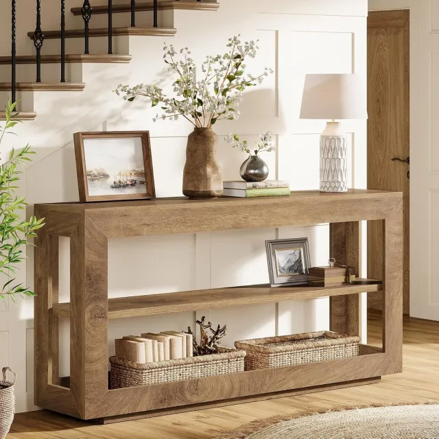 Tribesigns Consoletafel - Sidetable - Hout - Bruin - Industrieel - 160 x 35 x 85 cm - Console Tafel met 3-laags Opbergplank voor Hal, Woonkamer, Entree
